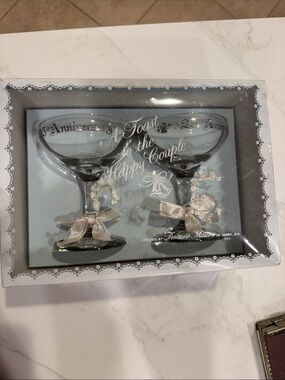 Silver 25th Anniversary Toasting Glasses - Silver Vintage 1973  inches Box